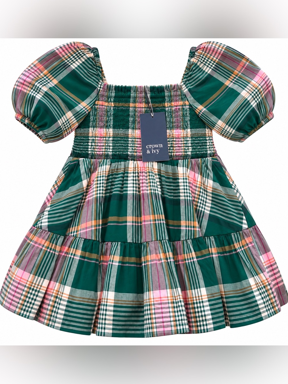 NWT crown & ivy Green Plaid Holiday Smocked Puff Sleeve Dress with Pink Accents